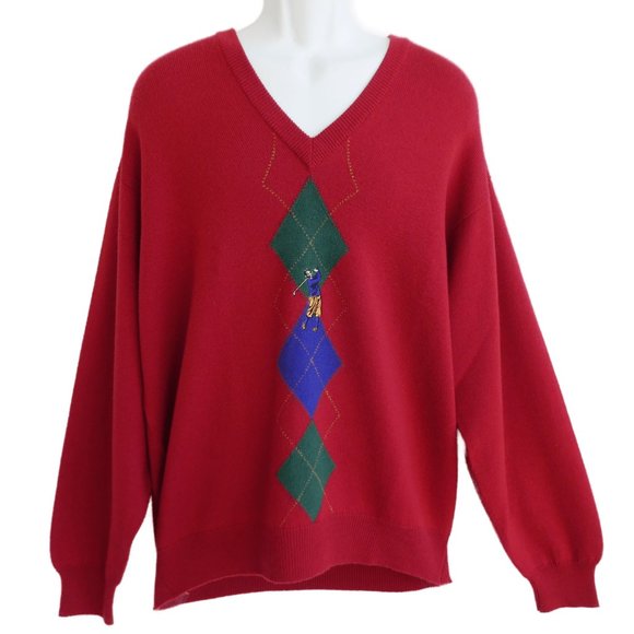 Scottish Wool Vintage Golf Sweater Red Argyle Golfer Knickers V Neck L